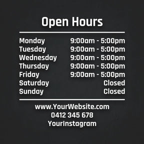 Open hours schedule on a black background with contact information.