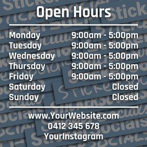 Stack of business hours cards with text and website contact information.