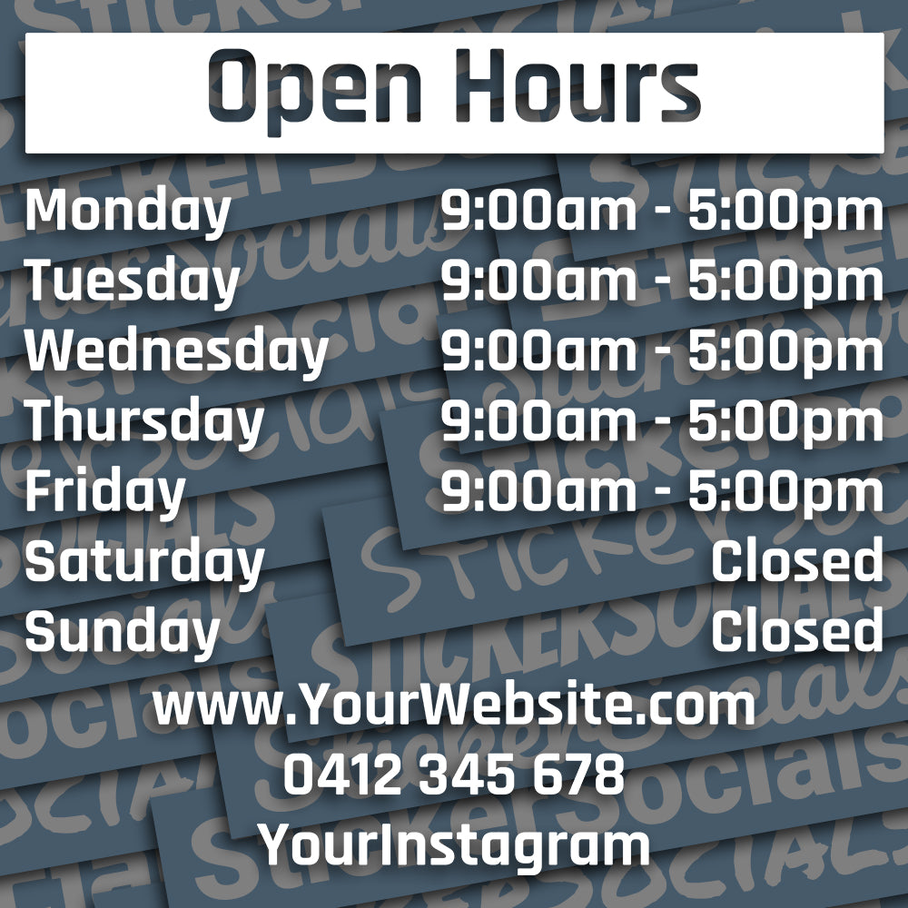 Open hours sign with daily schedule on a blue background