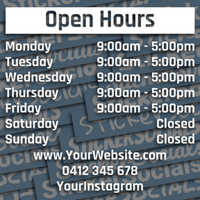 Open hours sign with daily schedule on a blue background