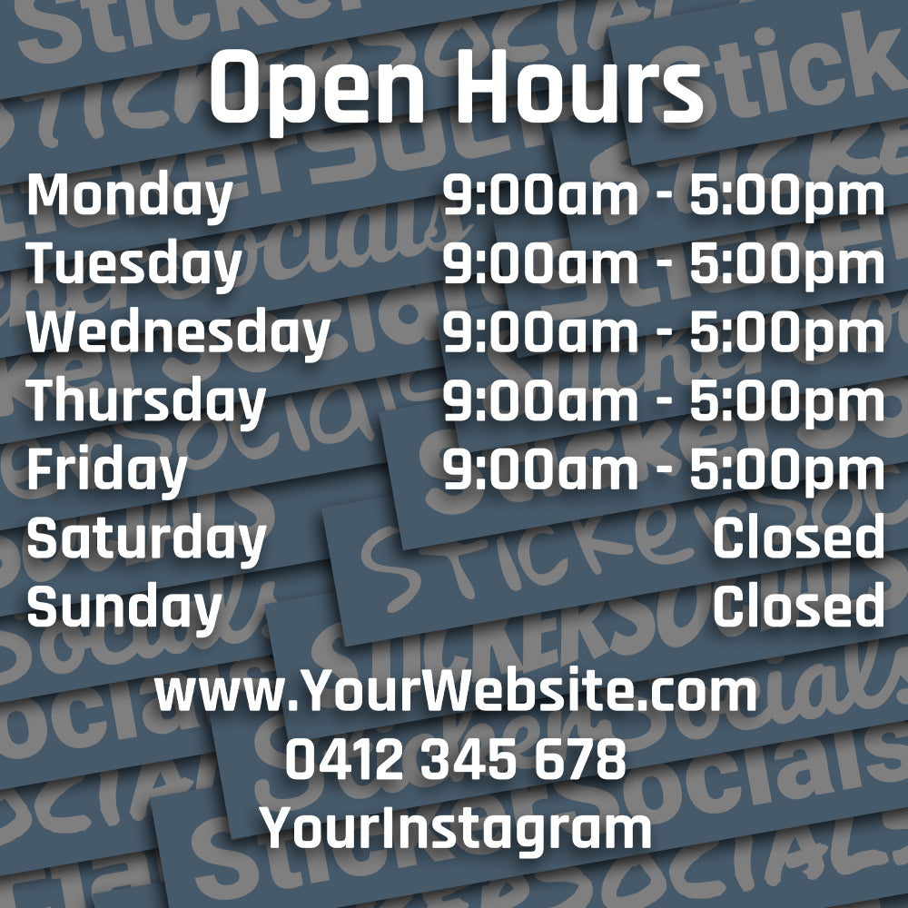 Stack of blue business cards with open hours and contact information.