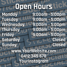 Stack of blue business cards with open hours and contact information.