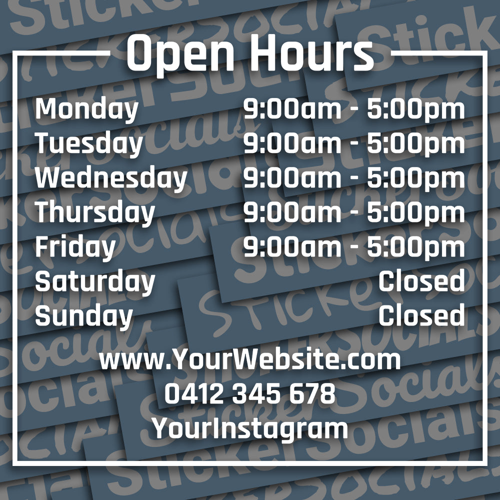 Open hours sign with daily schedule on a blue background