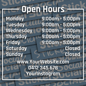 Open hours sign with daily schedule on a blue background